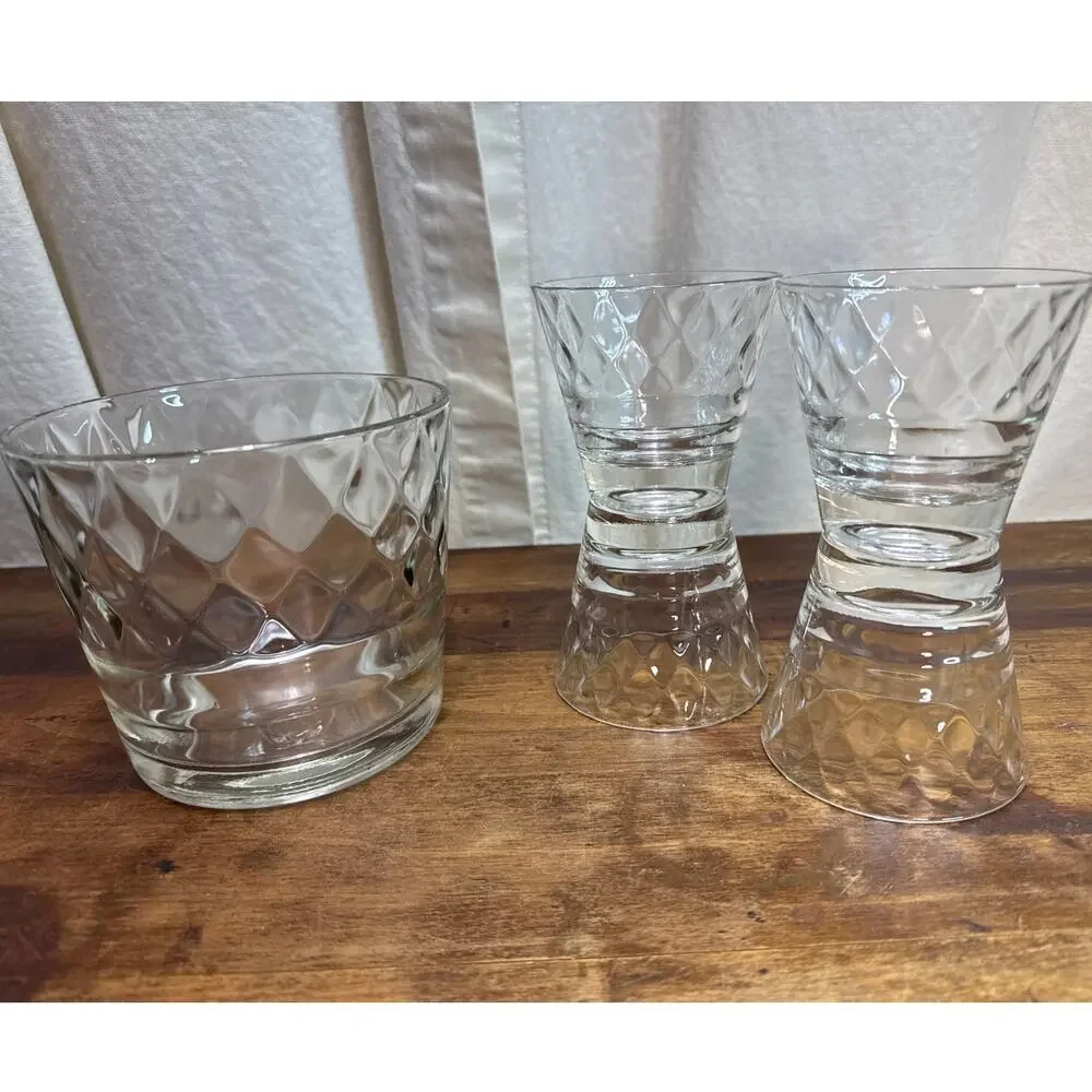 Glass Ice Bucket & 4 Cups Diamond Pattern Vintage Clear Thick Cut MCM Barware